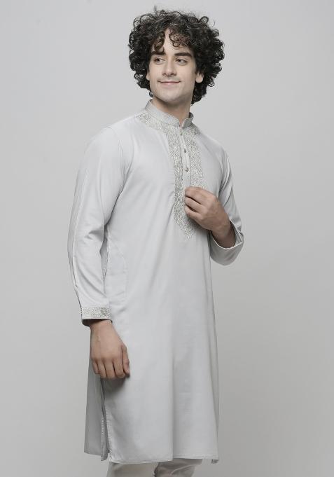 Silver Embroidered Cotton Blend Kurta Sets For Men