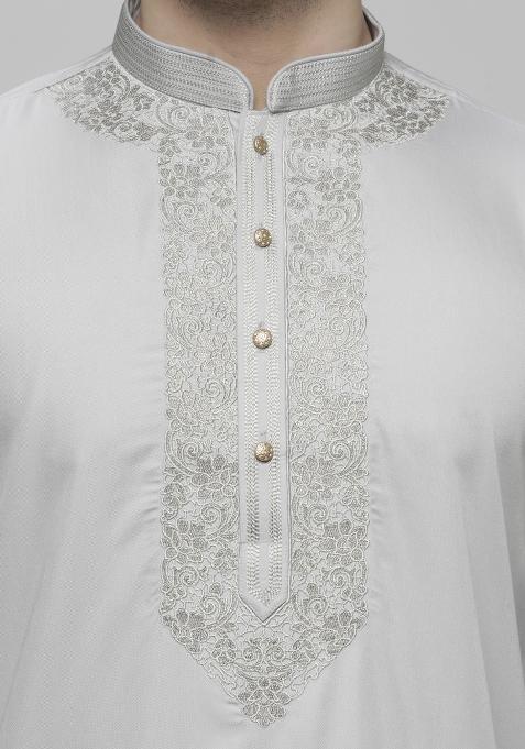 Silver Embroidered Cotton Blend Kurta Sets For Men