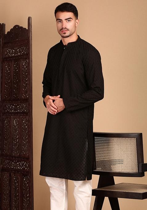 Black Chikankari Cotton Kurta For Men
