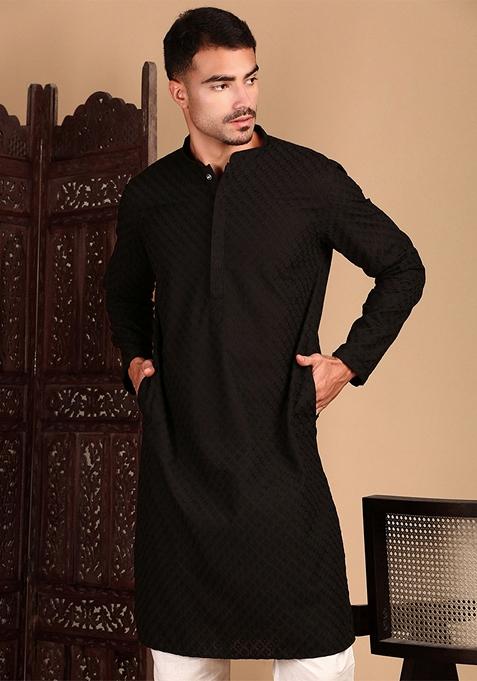 Black Chikankari Cotton Kurta For Men
