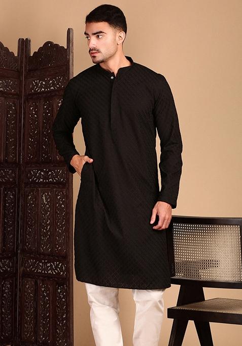 Black Chikankari Cotton Kurta For Men