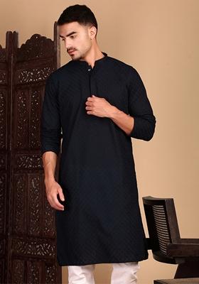 Deep Blue Chikankari Cotton Kurta For Men