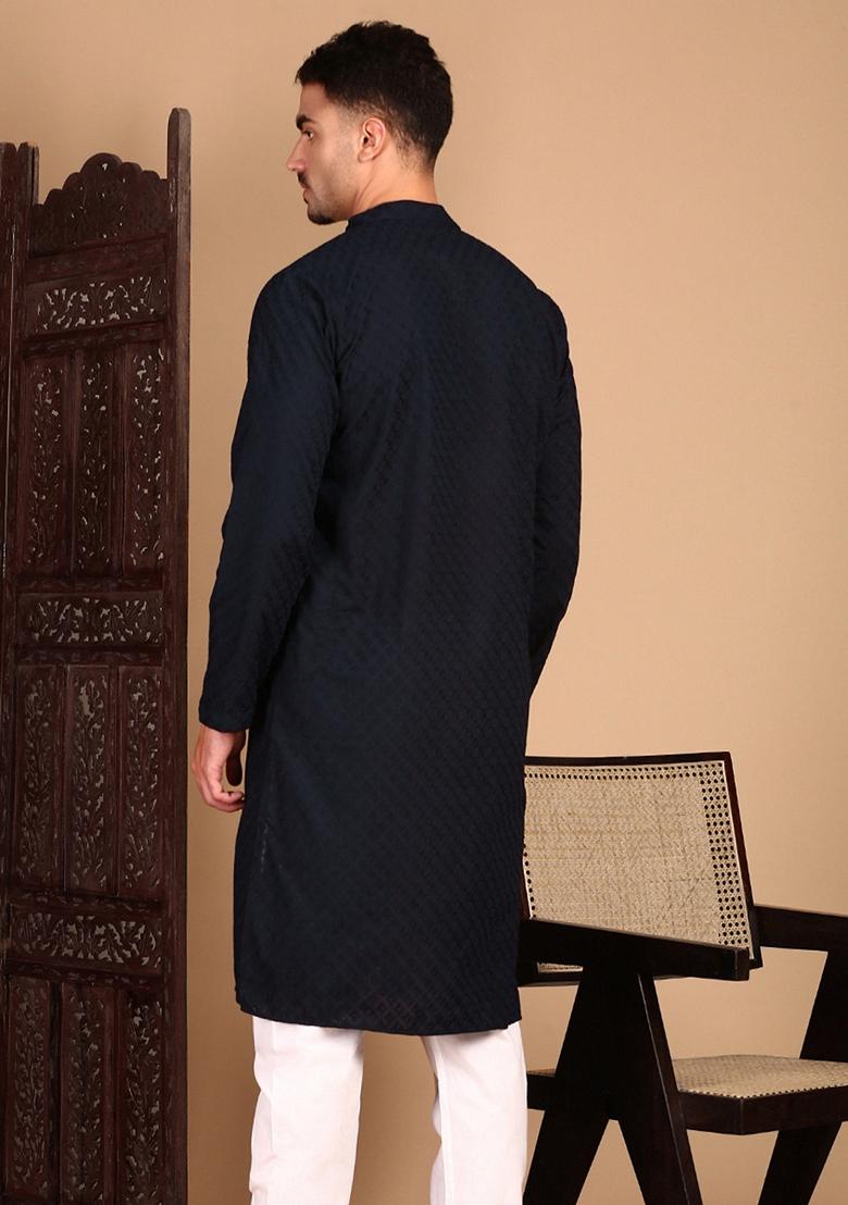 Deep Blue Chikankari Cotton Kurta For Men