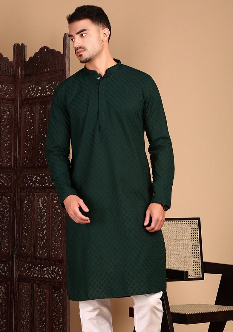 Deep Green Chikankari Cotton Kurta For Men