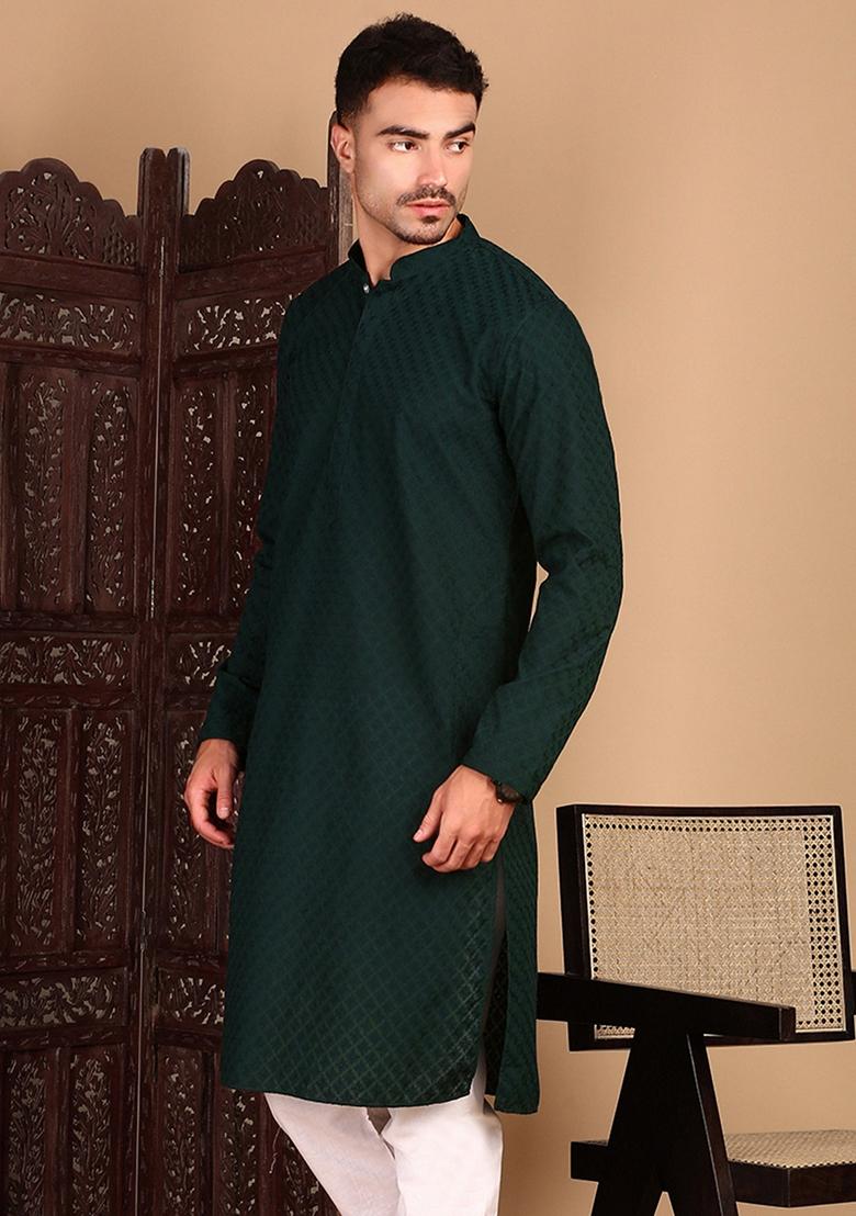 Deep Green Chikankari Cotton Kurta For Men