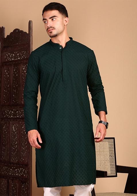 Deep Green Chikankari Cotton Kurta For Men