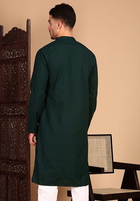 Deep Green Chikankari Cotton Kurta For Men