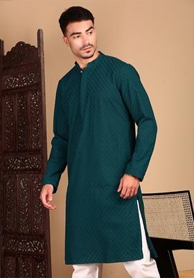 Firozi Blue Chikankari Cotton Kurta For Men