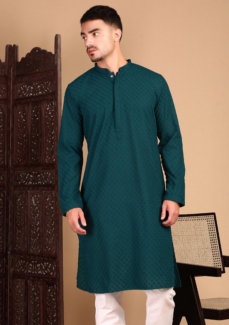 Firozi Blue Chikankari Cotton Kurta For Men
