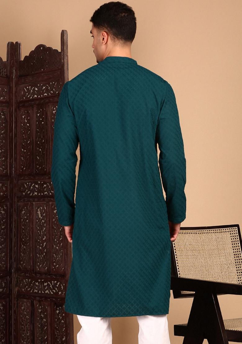 Firozi Blue Chikankari Cotton Kurta For Men