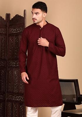 Maroon Chikankari Cotton Kurta For Men