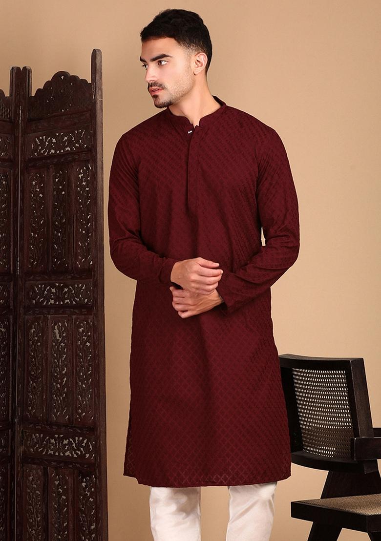 Maroon Chikankari Cotton Kurta For Men