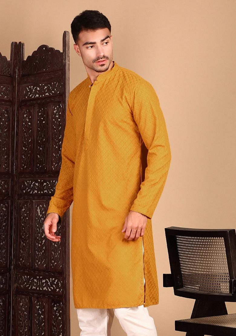 Mustard Yellow Chikankari Cotton Kurta For Men