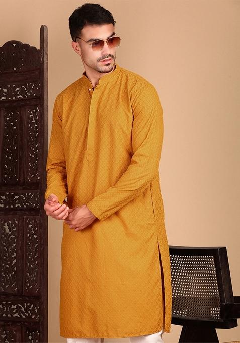 Mustard Yellow Chikankari Cotton Kurta For Men