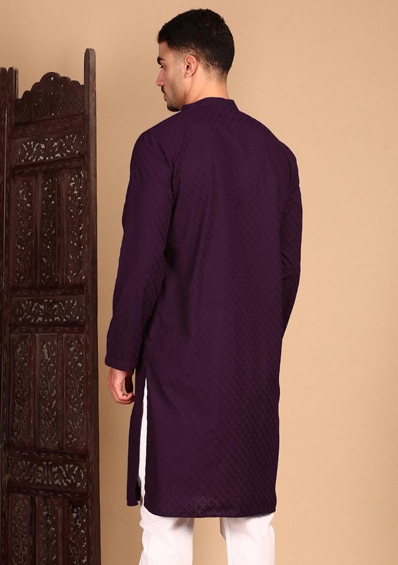Purple Chikankari Cotton Kurta For Men