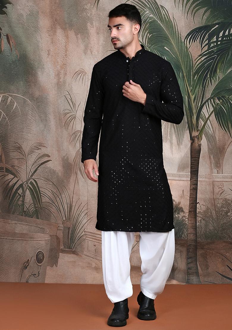 Black Embroidered Cotton Kurta For Men