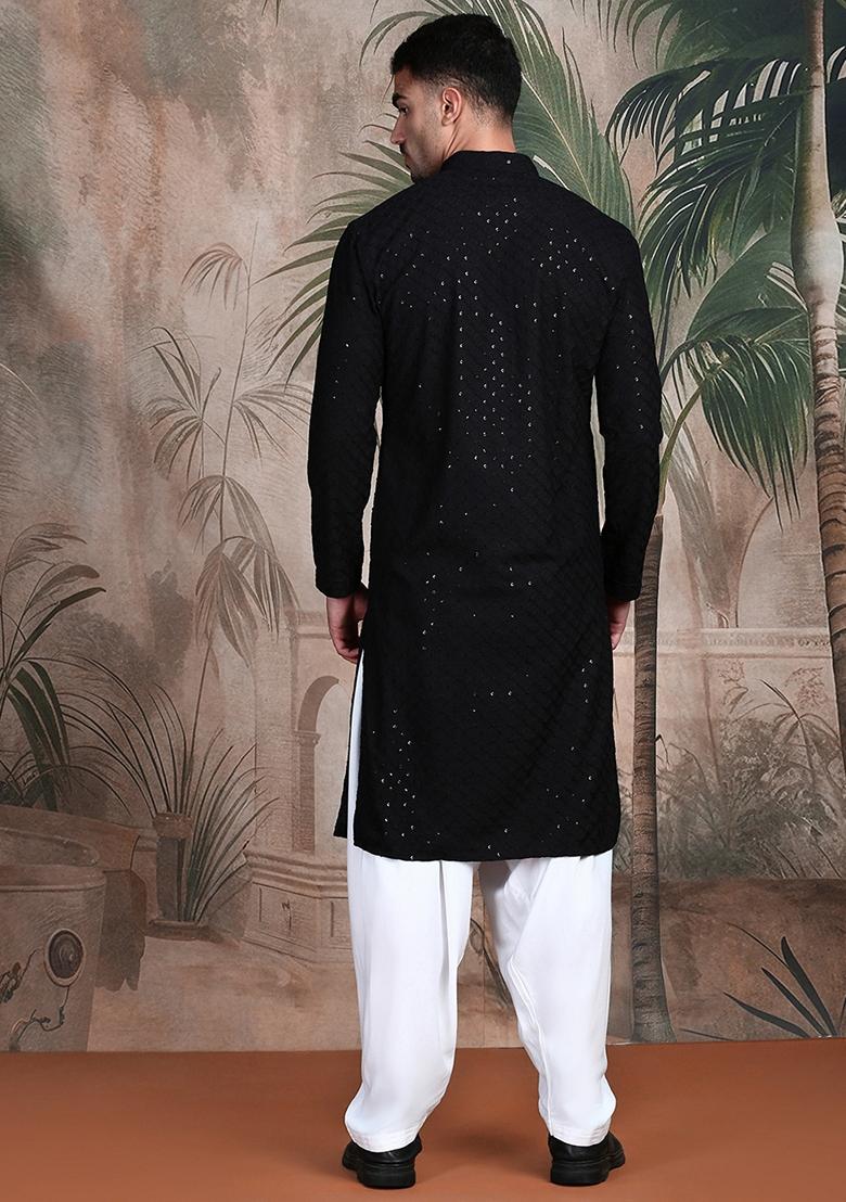 Black Embroidered Cotton Kurta For Men