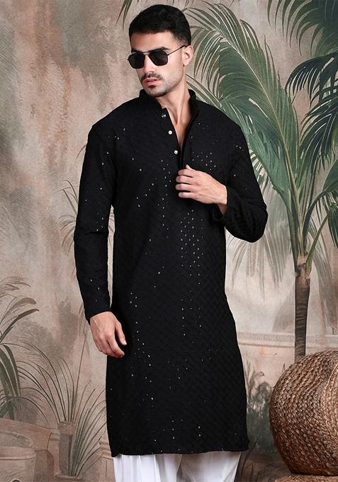 Black Embroidered Cotton Kurta For Men