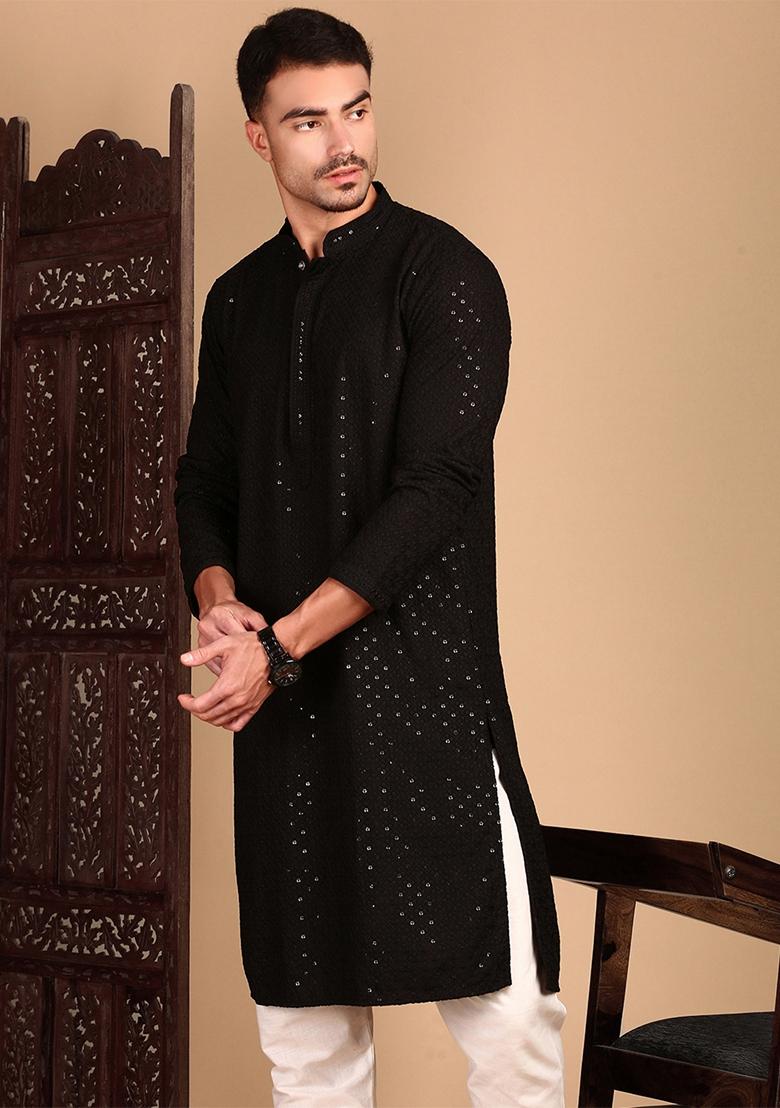 Black Embroidered Rayon Kurta For Men