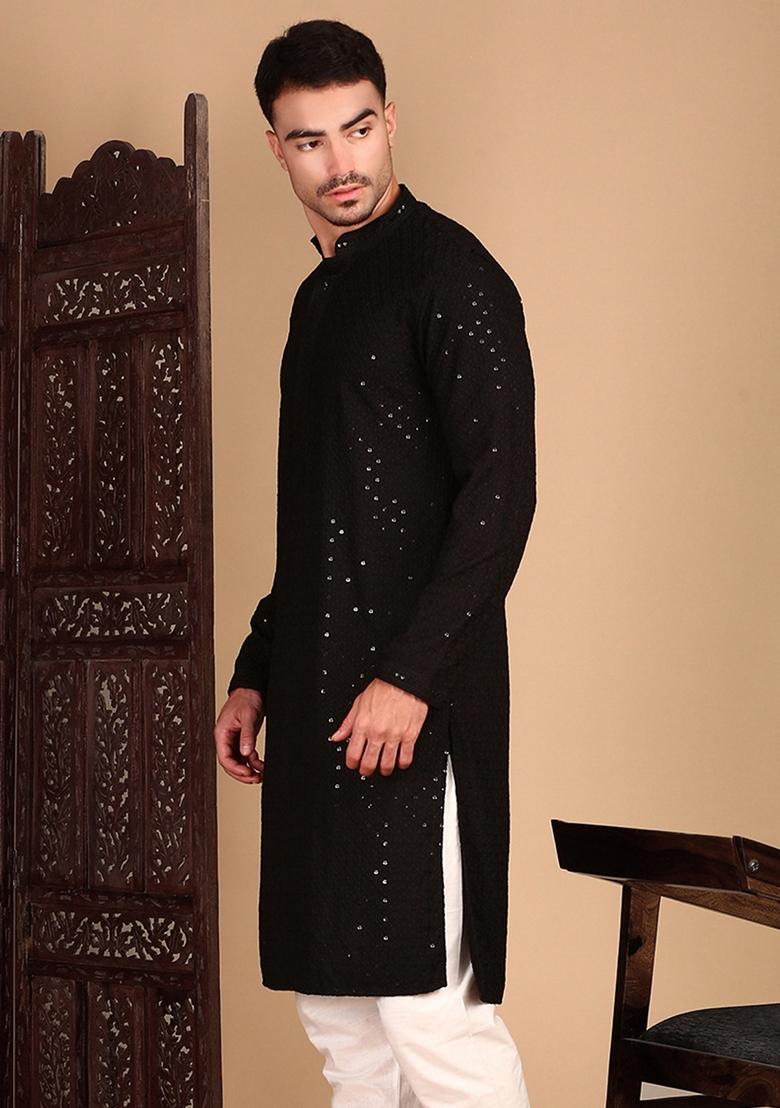 Black Embroidered Rayon Kurta For Men
