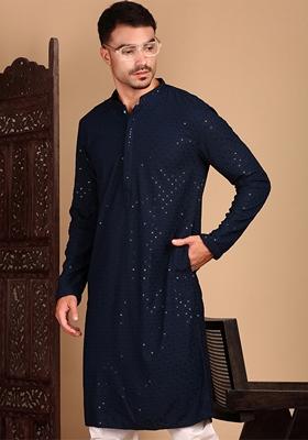 Deep Blue Embroidered Rayon Kurta For Men