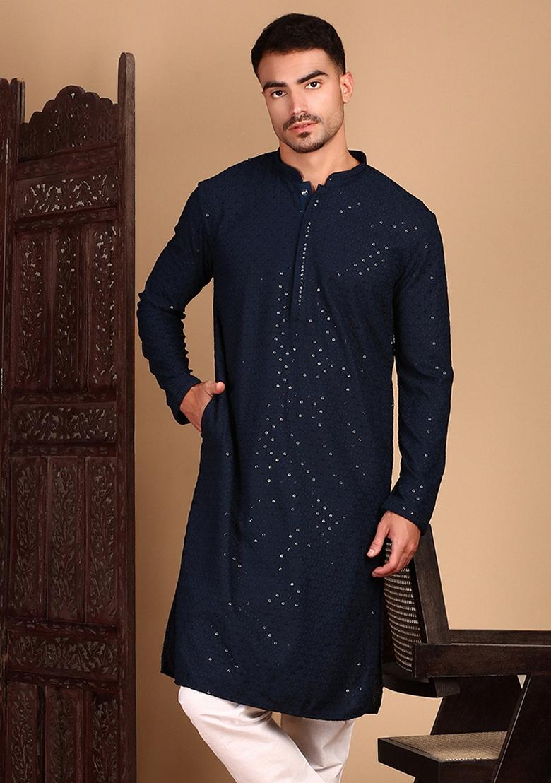 Deep Blue Embroidered Rayon Kurta For Men