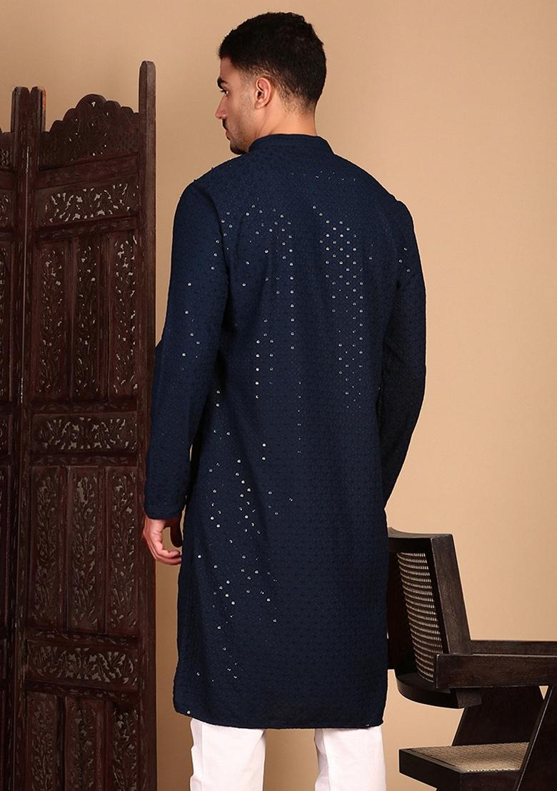 Deep Blue Embroidered Rayon Kurta For Men