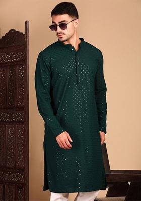 Deep Green Embroidered Rayon Kurta For Men