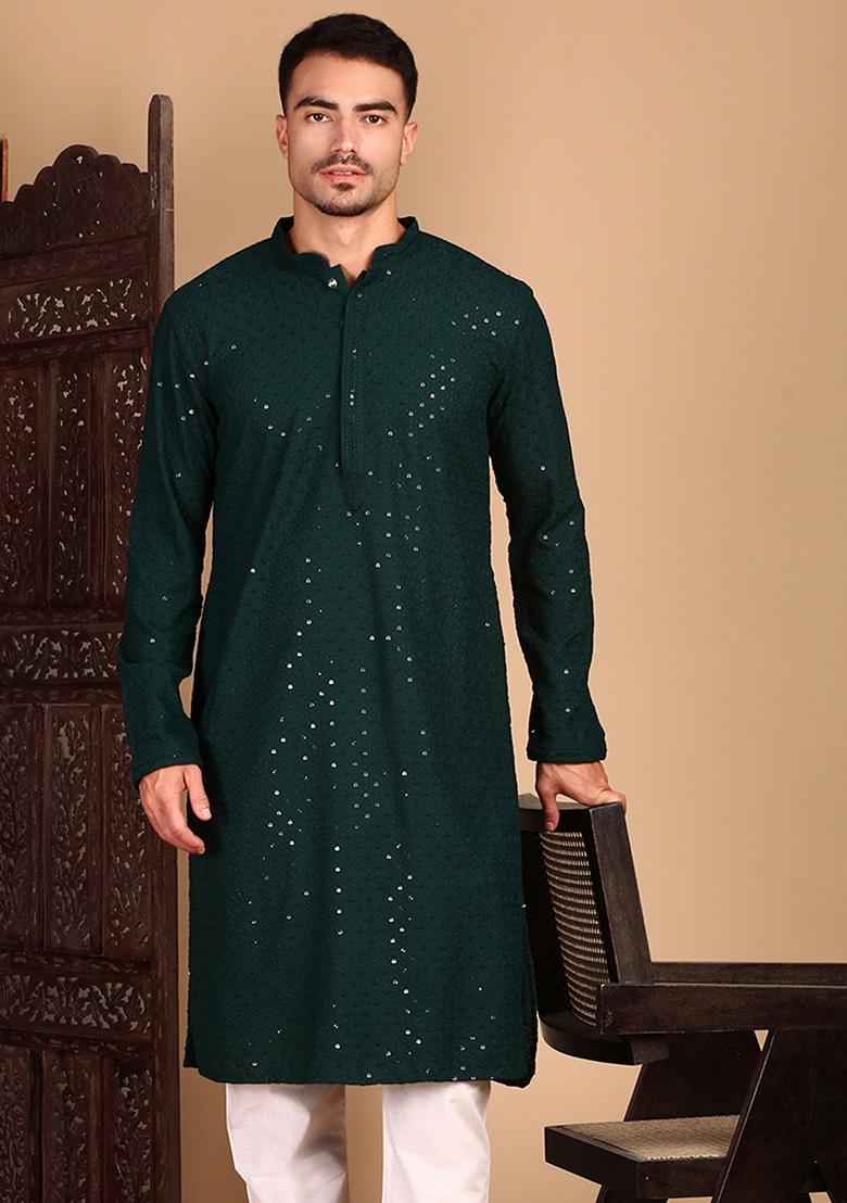 Deep Green Embroidered Rayon Kurta For Men