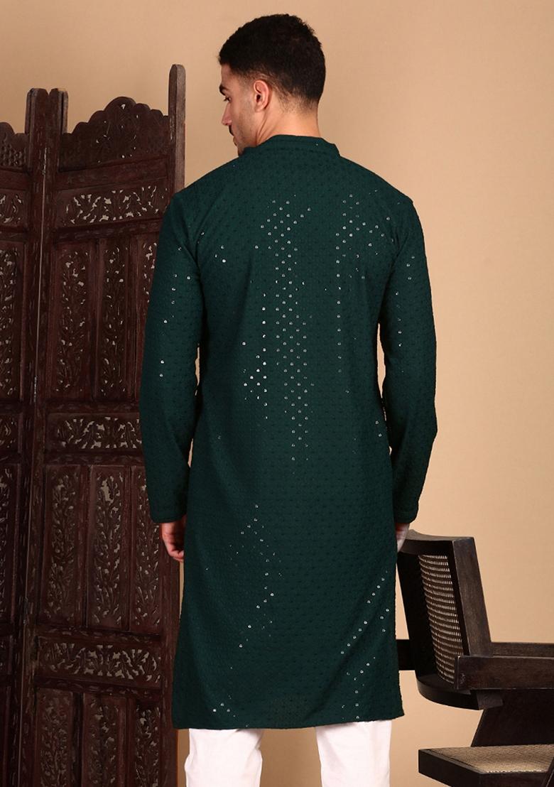 Deep Green Embroidered Rayon Kurta For Men