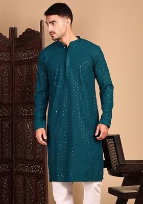 Firozi Blue Embroidered Rayon Kurta For Men