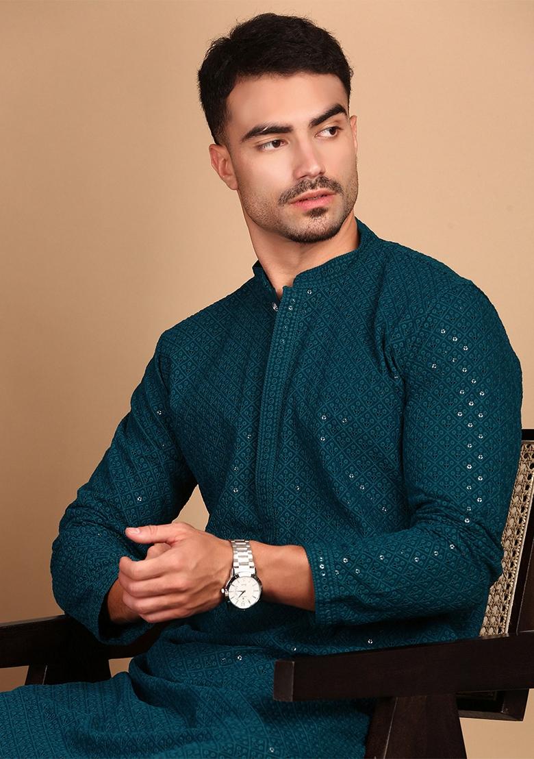 Firozi Blue Embroidered Rayon Kurta For Men