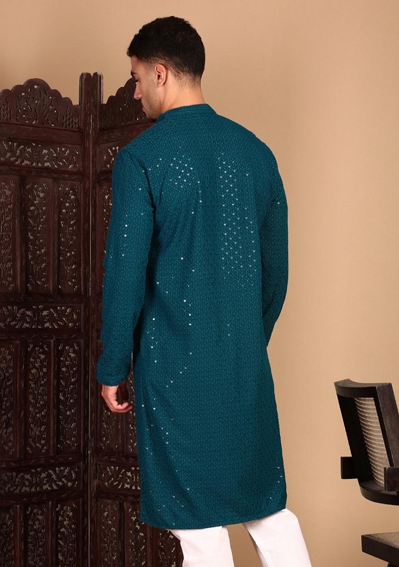 Firozi Blue Embroidered Rayon Kurta For Men
