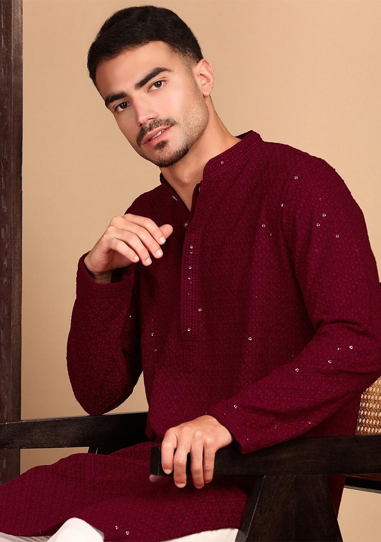 Maroon Embroidered Rayon Kurta For Men