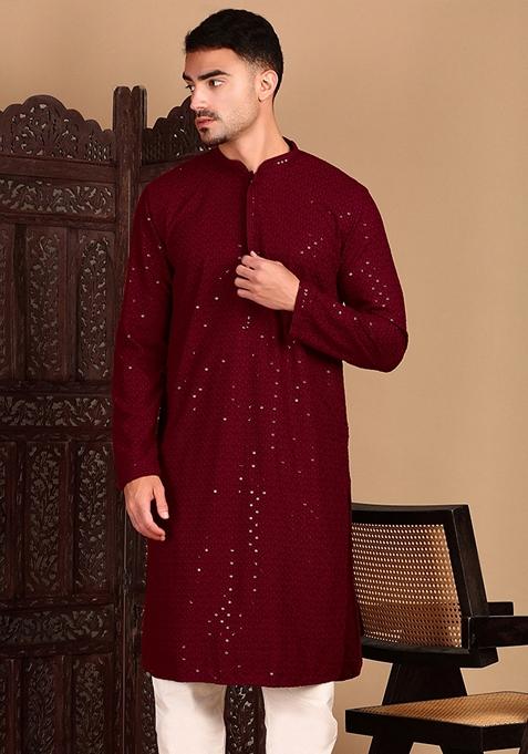 Maroon Embroidered Rayon Kurta For Men