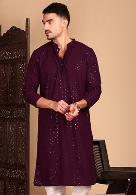 Purple Embroidered Rayon Kurta For Men