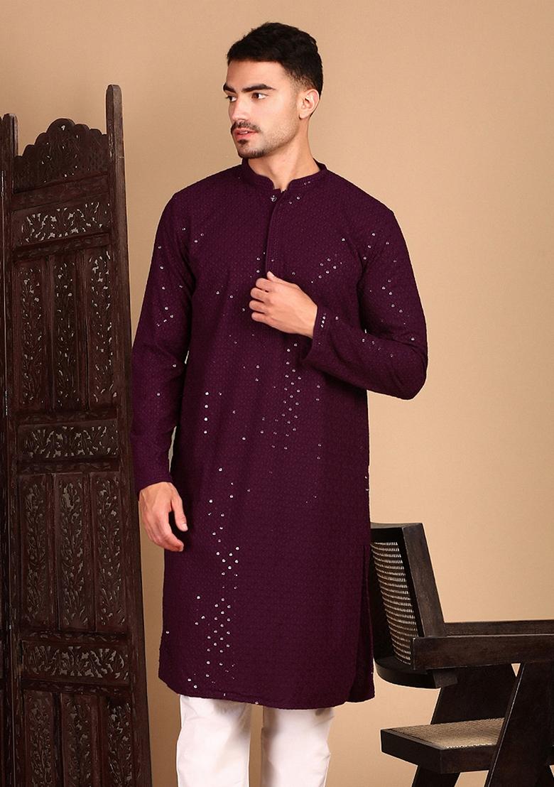 Purple Embroidered Rayon Kurta For Men