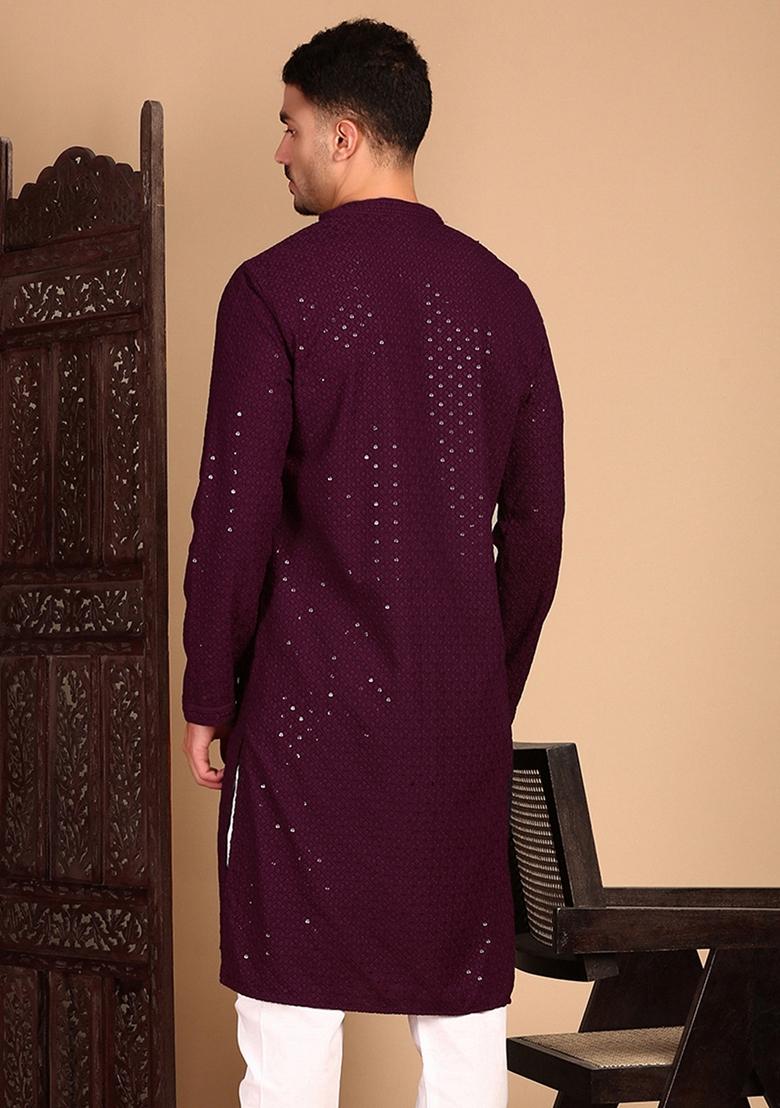 Purple Embroidered Rayon Kurta For Men