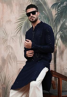 Deep Blue Embroidered Cotton Kurta For Men