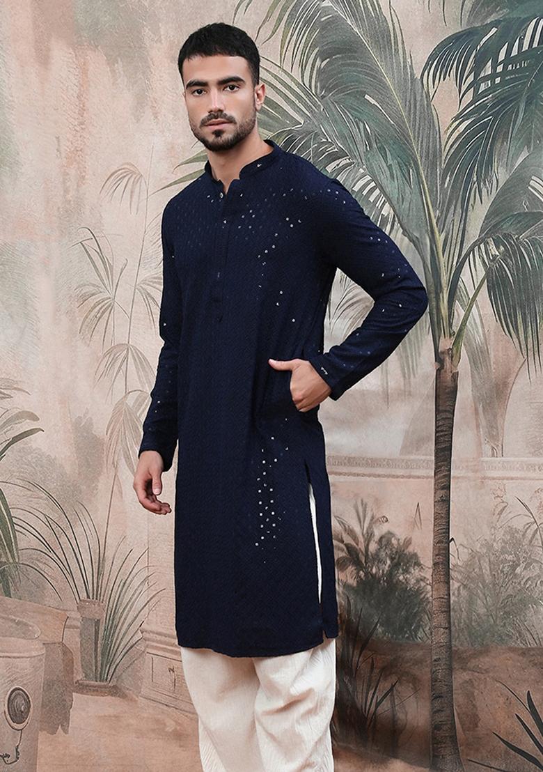 Deep Blue Embroidered Cotton Kurta For Men