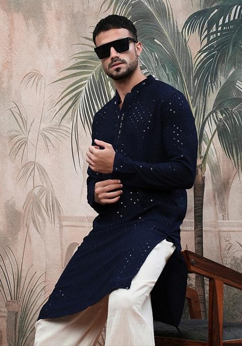 Deep Blue Embroidered Cotton Kurta For Men