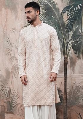 Pink Embroidered Cotton Kurta For Men