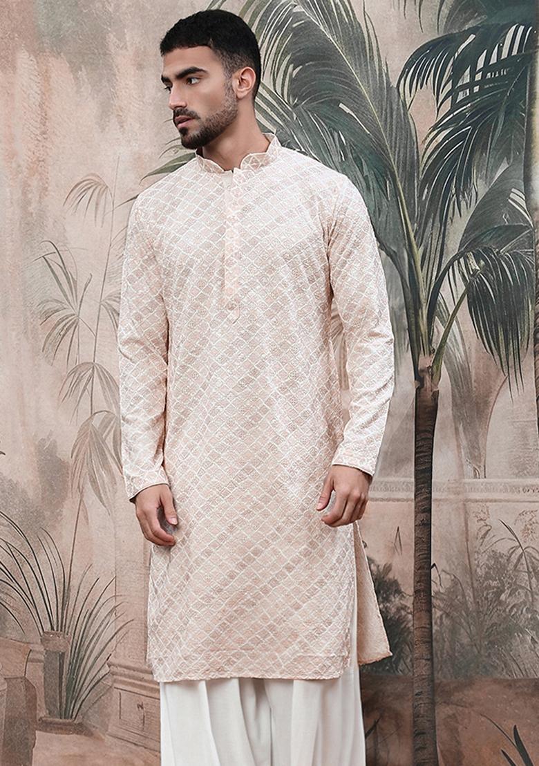 Pink Embroidered Cotton Kurta For Men