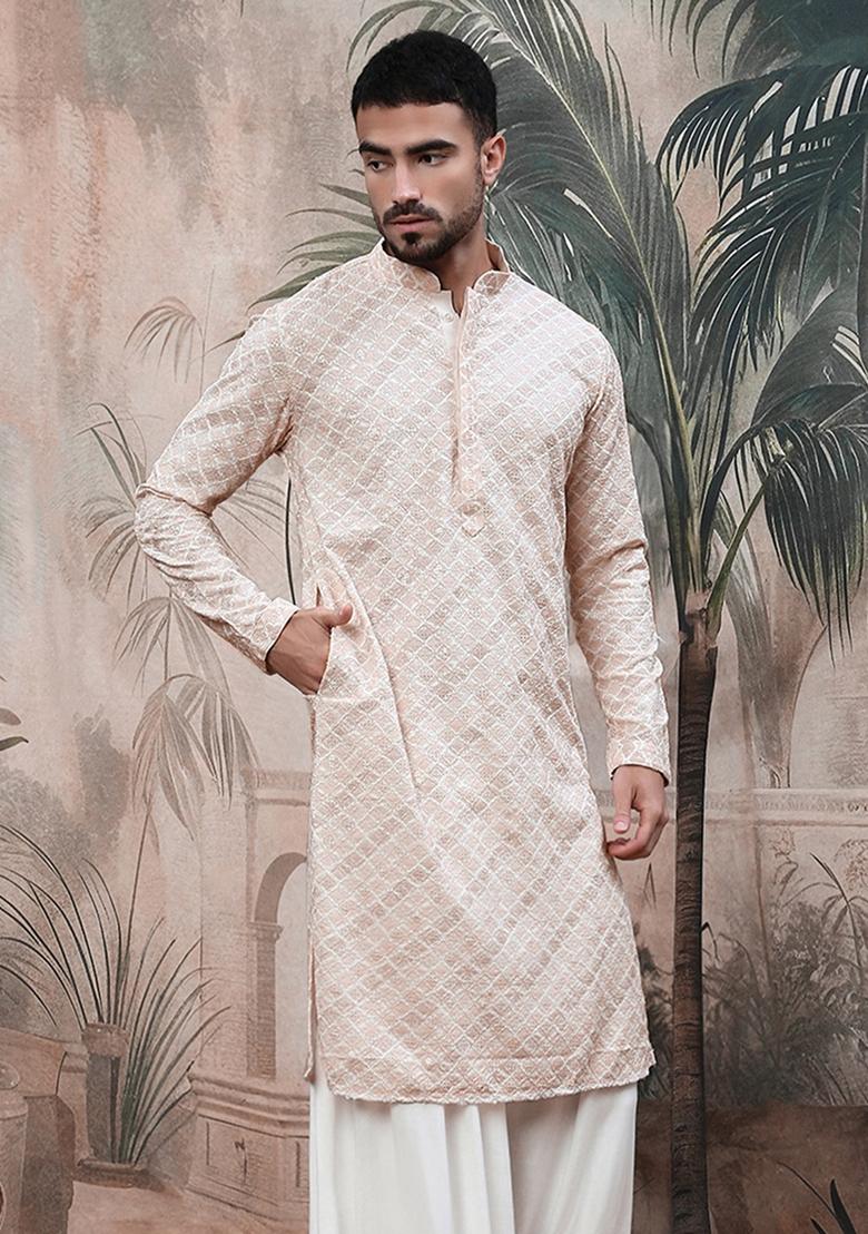 Pink Embroidered Cotton Kurta For Men