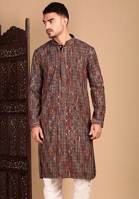 Beige Embroidered Cotton Kurta For Men