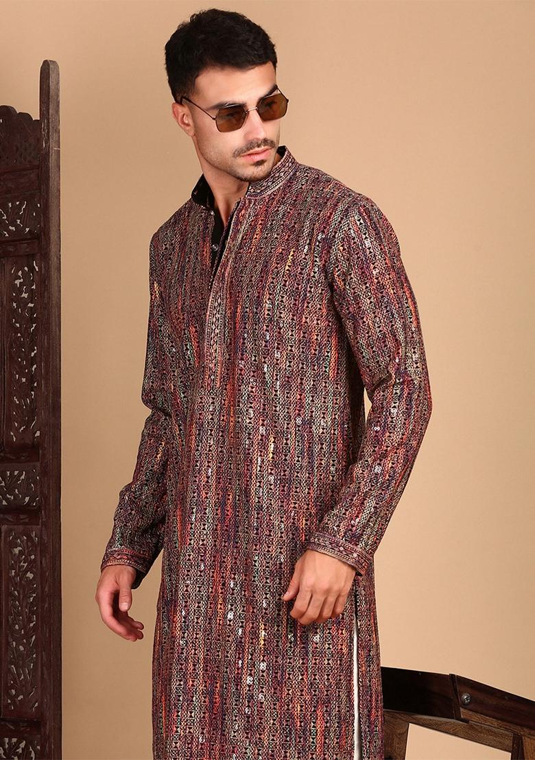 Beige Embroidered Cotton Kurta For Men