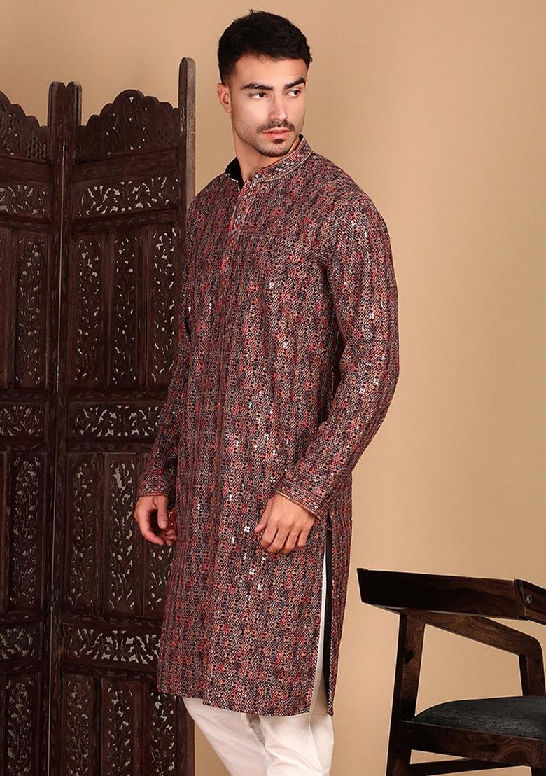 Brown Embroidered Cotton Kurta For Men