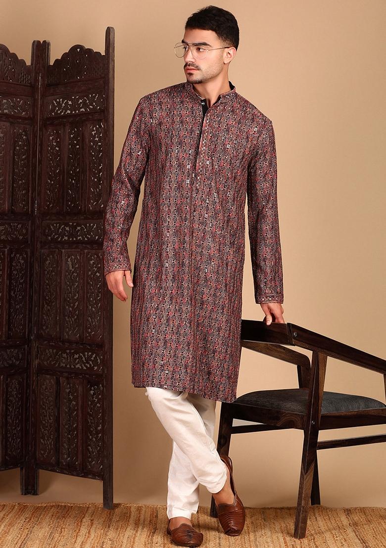 Brown Embroidered Cotton Kurta For Men