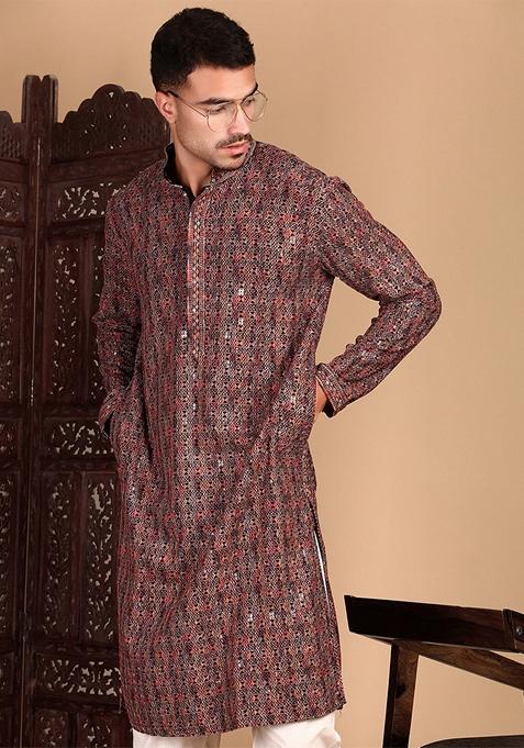 Brown Embroidered Cotton Kurta For Men