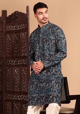 Firozi Blue Embroidered Cotton Kurta For Men